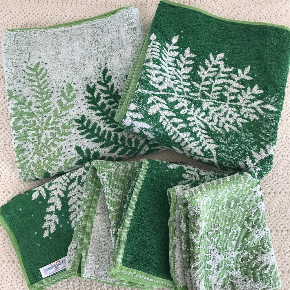 Vtg Cannon Monticello Towels Green Fringe Bath Hand Set 70s Floral 2 Bath 4 Hand